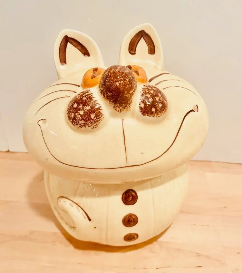 Vintage Ceramic Cat Cookie Jar Hand Painted Whimsical MCM Kitchen Decor